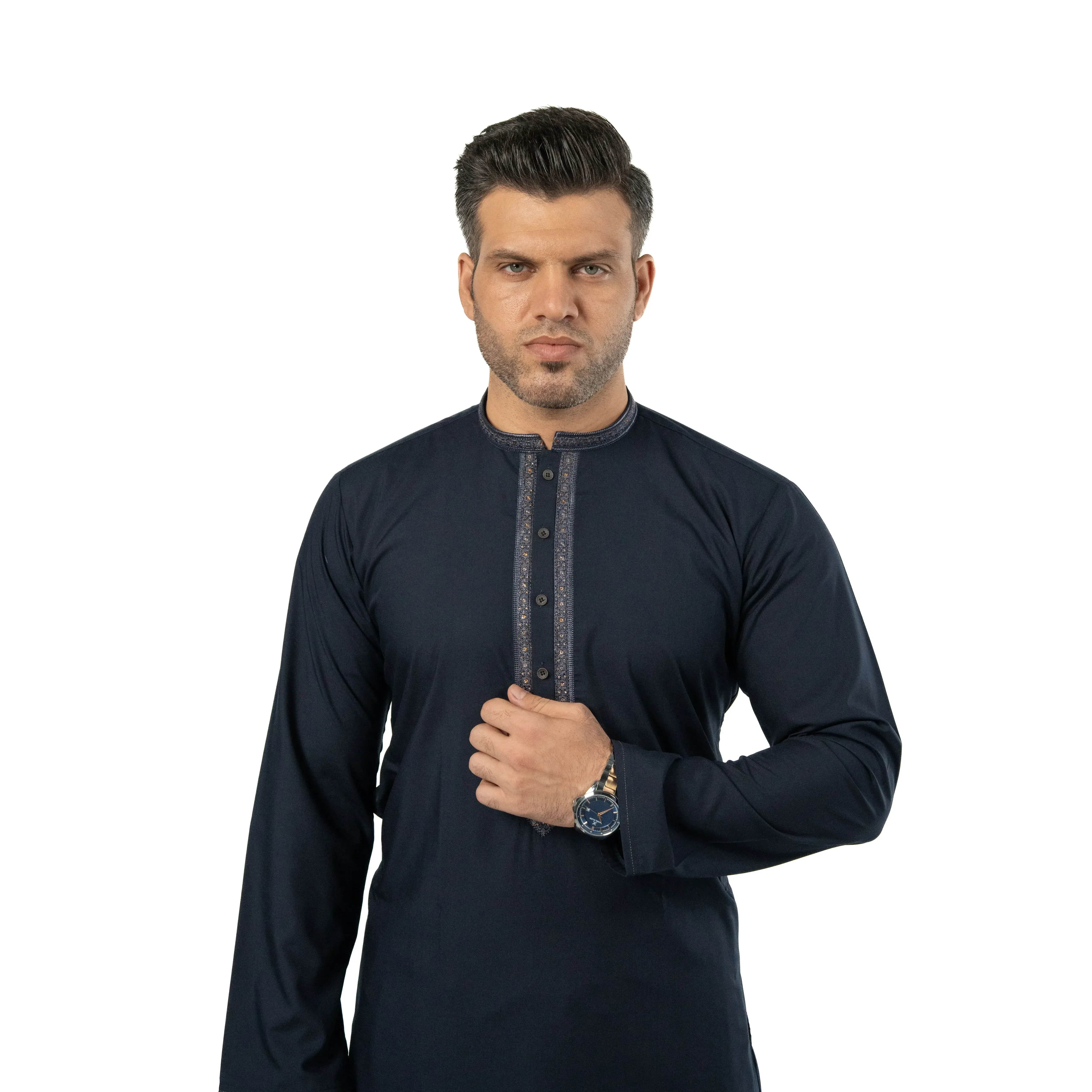 Mens Navy Blue Formal Kameez Shalwar with Straight-Cut Sleeve for Wedding & Festive Occasions