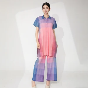 2025 Latest Design Women Fashion Set Summer Lapel Shirt and Wide Leg Pants Two Piece Miyake Pleated Set