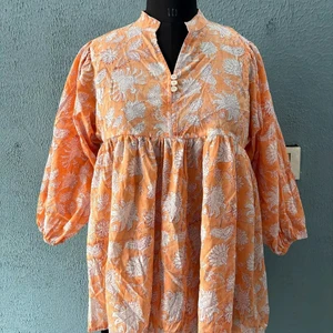 Ethically Handcrafted Hand Block Printed V-neck Long Sleeve Cotton Blouse Casual Floral Pattern Tank Top Embroidered