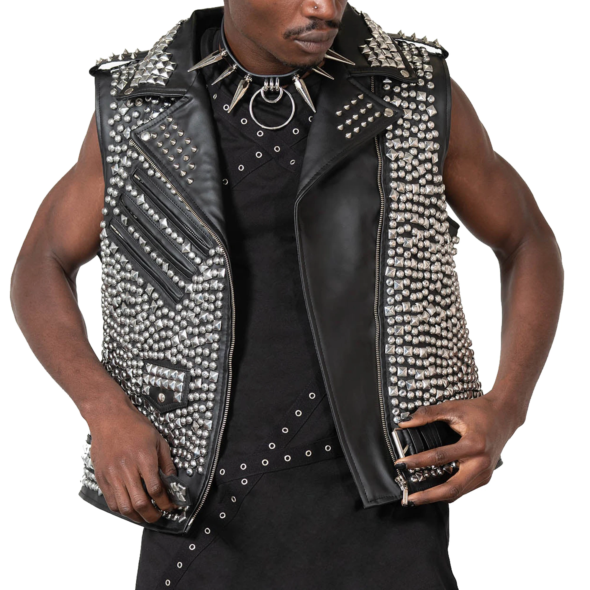Men's Sliver Studded Leather Biker Vests with Custom Logo