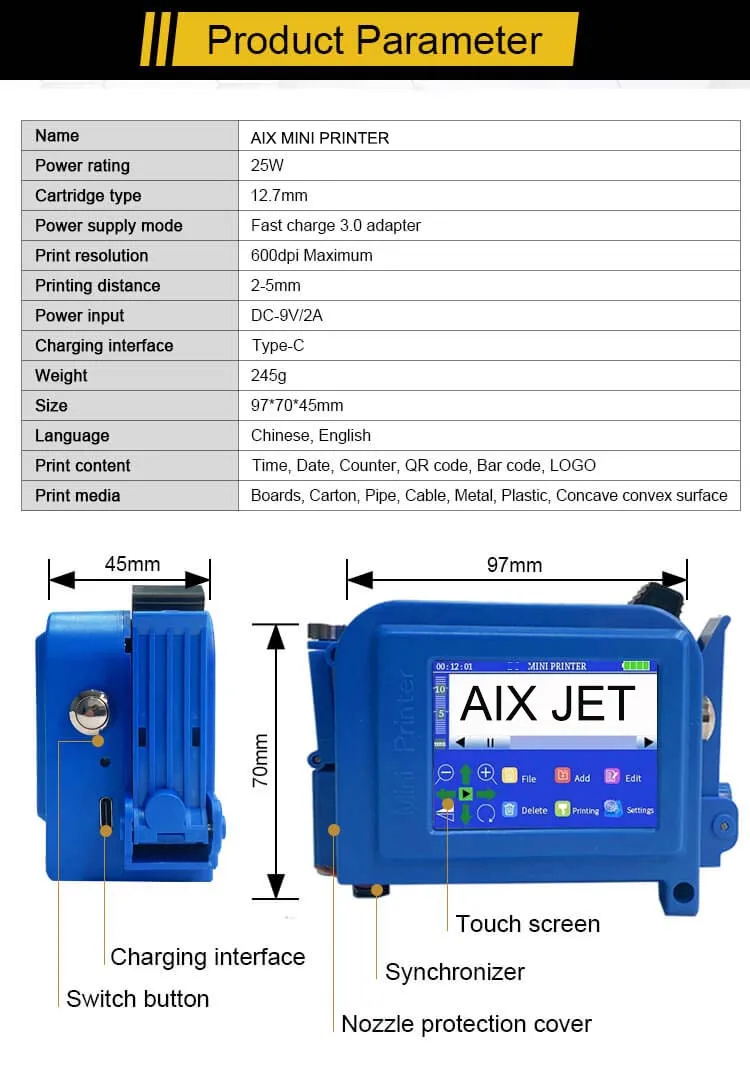 Aix Mini Thermal Inkjet Printer Portable Carton Expire Date Logo