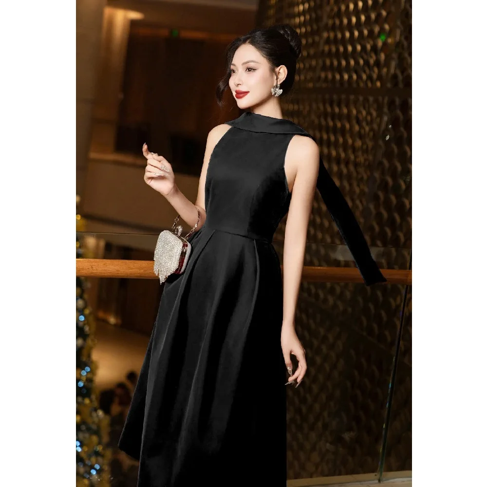 Long flared dress with scarf collar ladies elegant soft velvet evening  dresses
