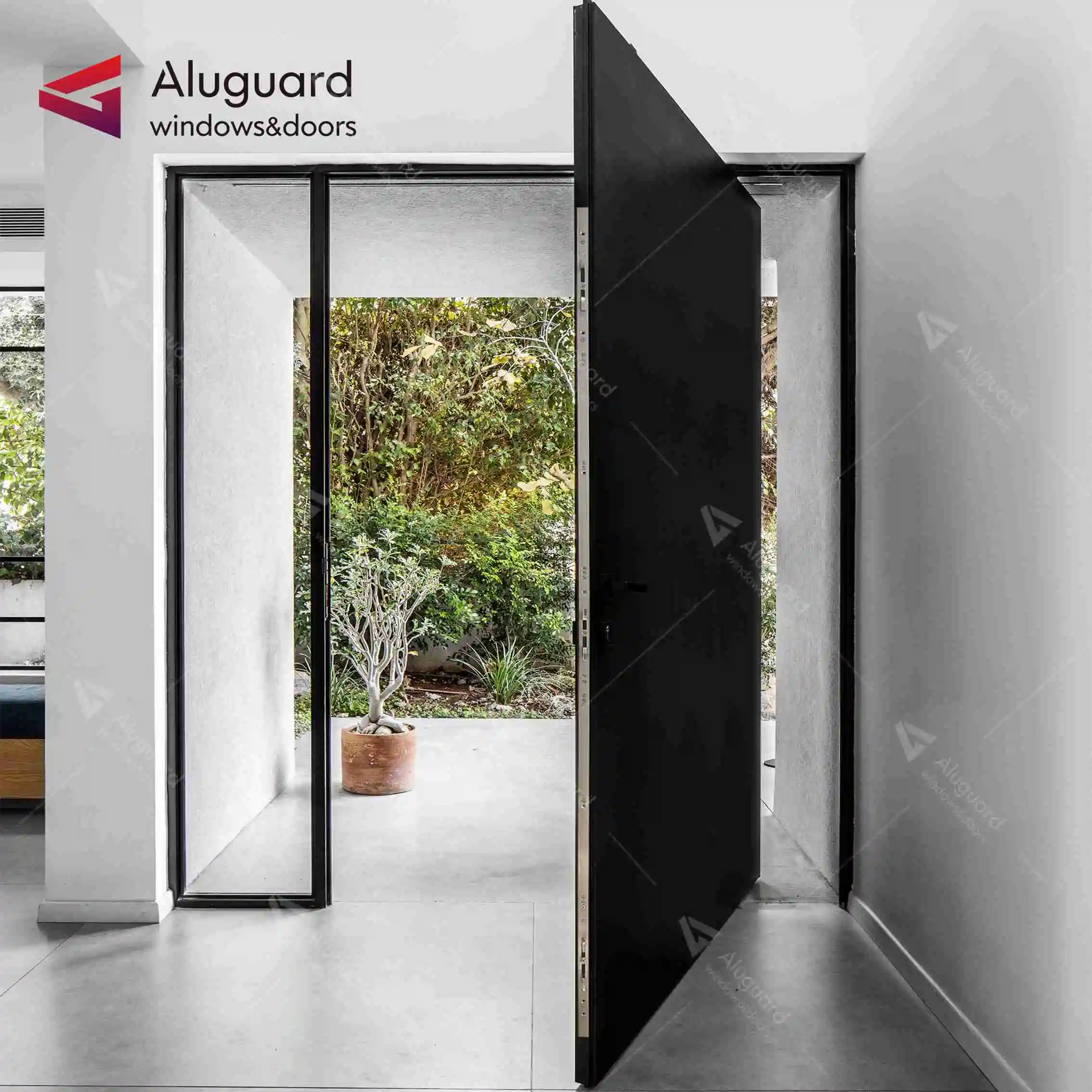 Современный минималистичный дизайн поворотная входная дверь из алюминиевого сплава с железной стальной каменной панелью для главного входа в виллу