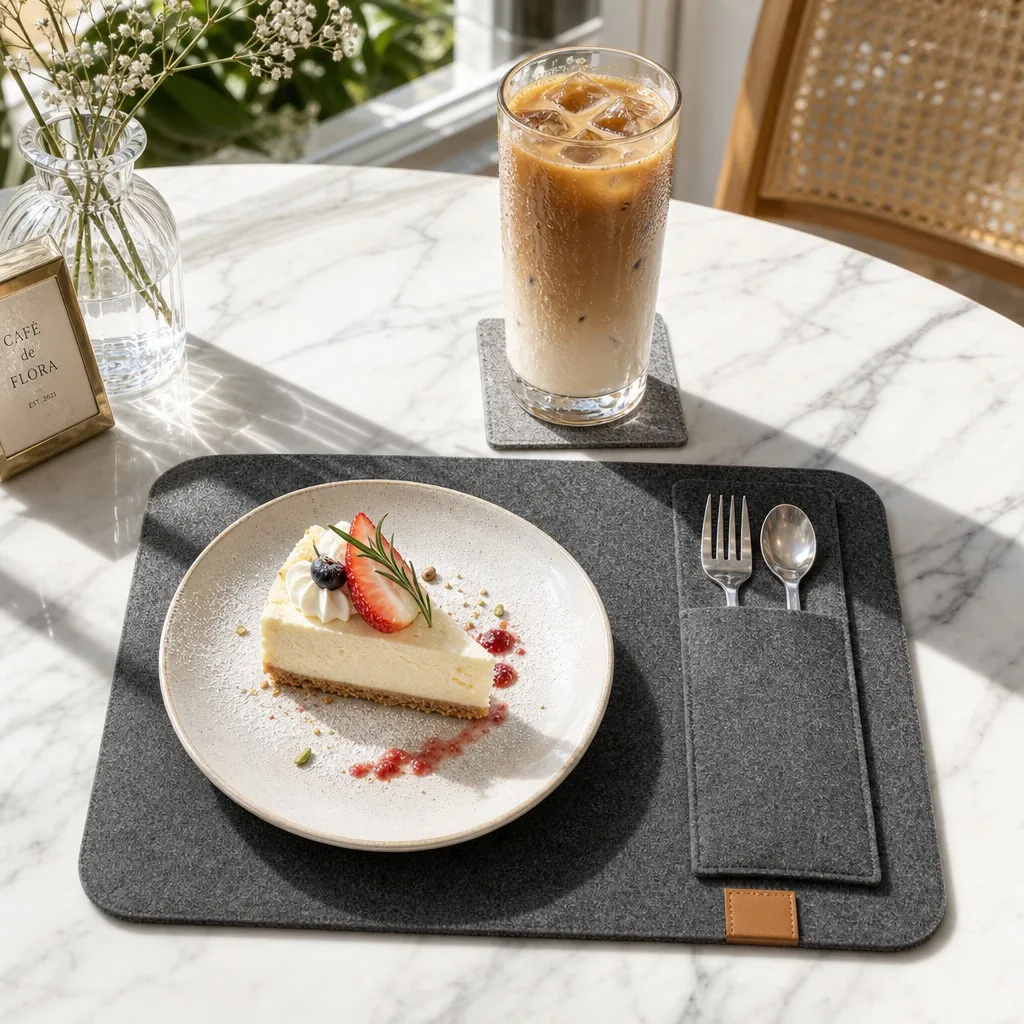 Felt placemat set on a cafe dessert table, felt dining accessories for a restaurant table setting