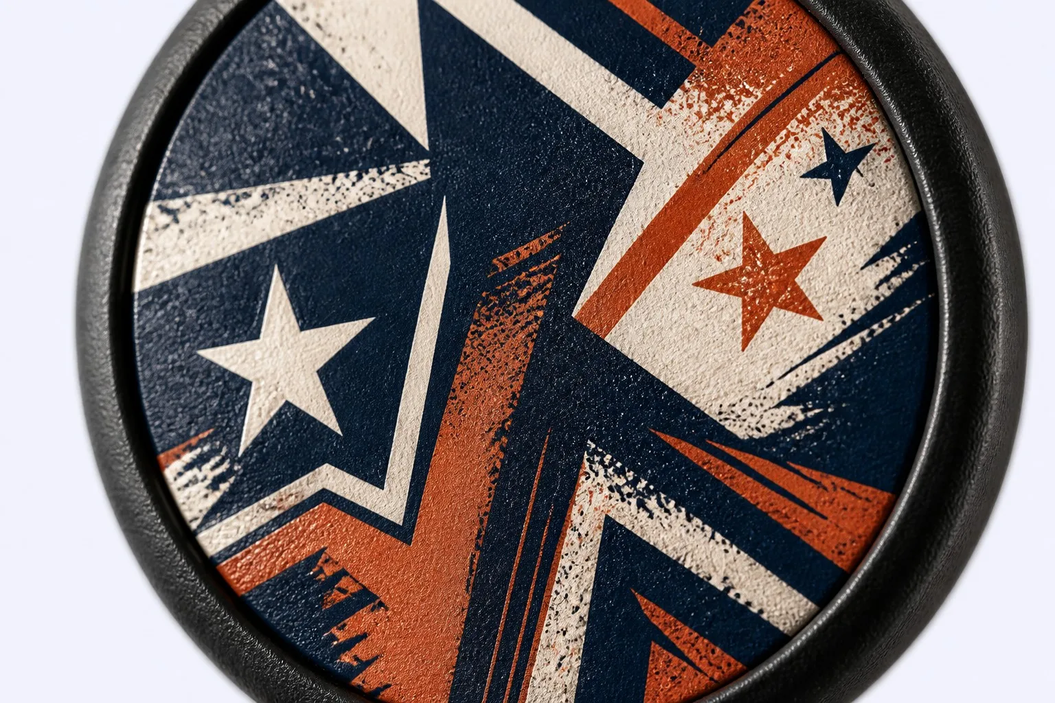 Macro close-up of vintage star-stripe print graphic on badge reel face