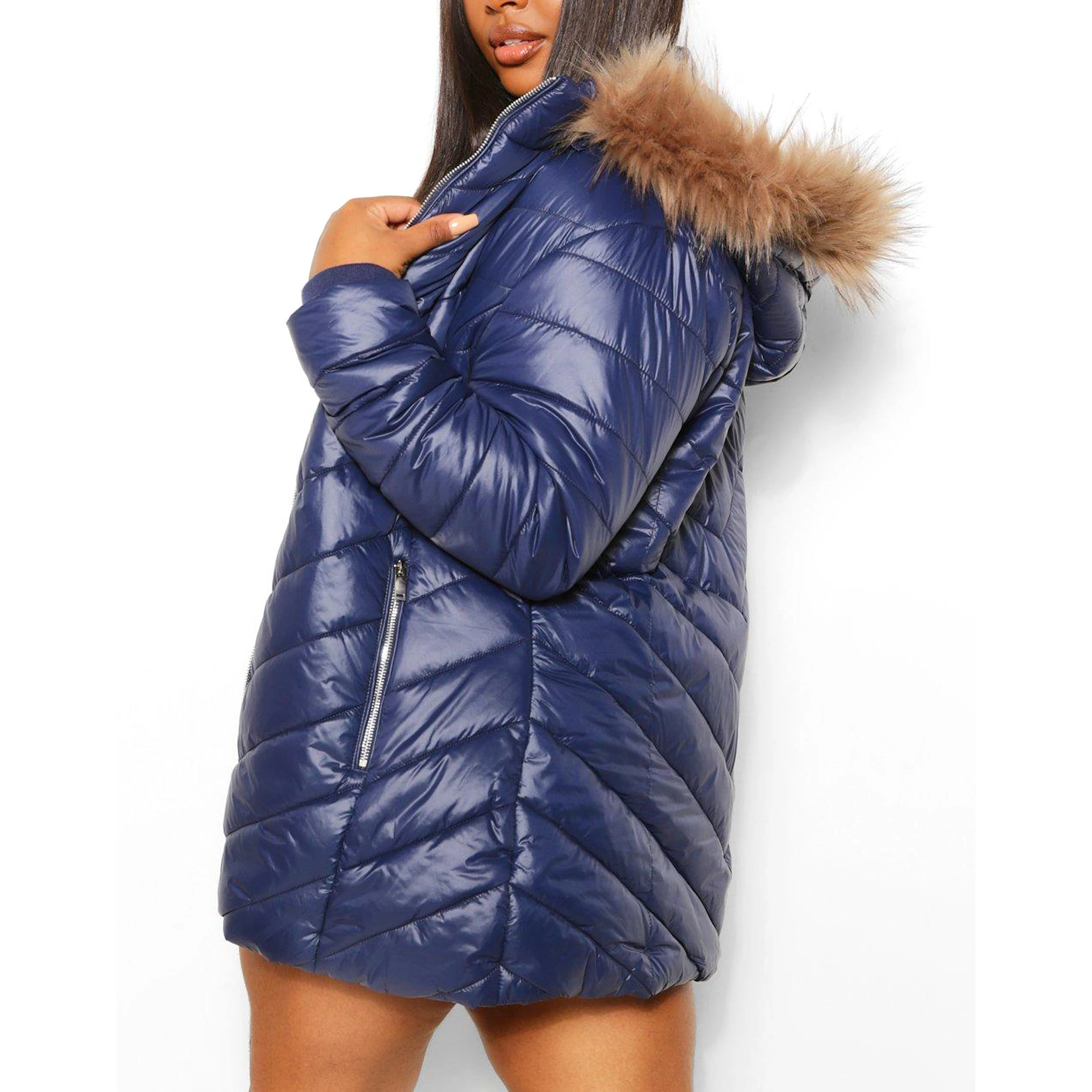 Latest Design Women Hot Pink Faux Fur Hooded Long Puffer Jackets Plus Size Bubble Down Winter Coats - Image 4