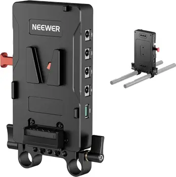 NEEWER V Mount Battery Plate with 15mm Rod Clamp, Power Supply Splitter PD 60W Type C&D Tap/DC15V Port, Compatible with Fxlion