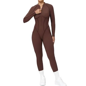 Womens Quick Dry Open Back Bodysuit Elastic Long Compression Yoga Jumpsuit with Front Zipper Sports Bodysuits & Jumpsuits