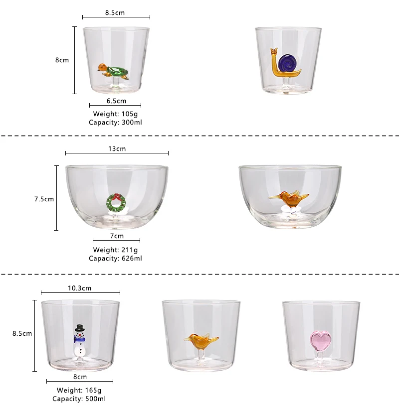 OEM 300ml 500ml Custom Christmas Gift Hand Blown Borosilicate 3D Drinking Glass Cup with Turtle Cute Animal Figurine Inside