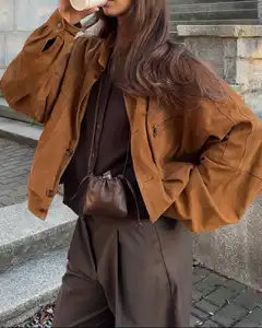 Custom High Quality Vintage Brown Woven Quilted Short Jacket Women Loose Fit Autumn Oversized Coat Streetwear Casual Nylon