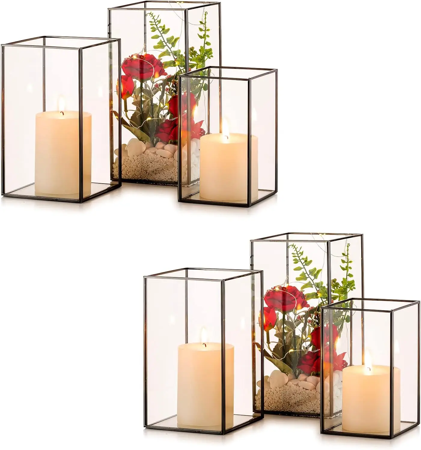 Modern Square Hurricanes Candle Holders Set 3 Pieces Transparent Glass Metal Black Border Eco-Friendly Easter Handmade Home
