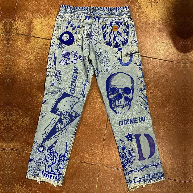 DiZNEW Mens Wholesale Jeans Pant For Men Stylish Large Size Loose Straight Hand-painted Printing Casual Creative Custom Jeans factory