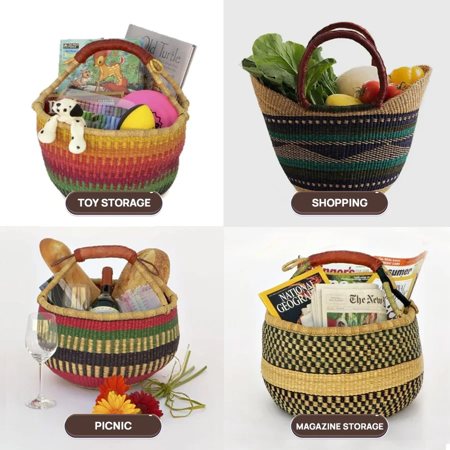 Colorful Seagrass Bolga Basket Woven Handmade Storage Carry Bag Baskets ...