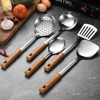 Ready Stock Kitchen Utensils Set Stainless Steel Anti-Scalding Colander with Silicone Wood Grain Handle and Stir-Frying Shovel