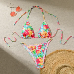 2026 OEM Fashion Sexy Brazilian Style Floral Print Halter Neck Swimwear Shop Exotic Mature Women Triangle Bikini Set for Women