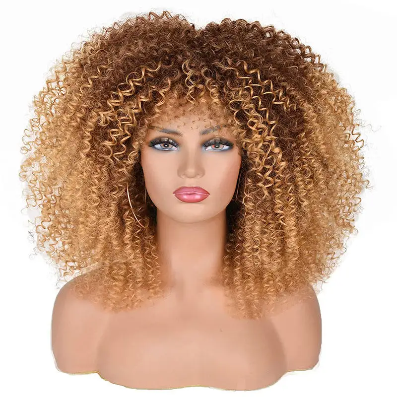 16''short Hair Afro Kinky Curly Wig With Bangs For Black Women Cosplay
