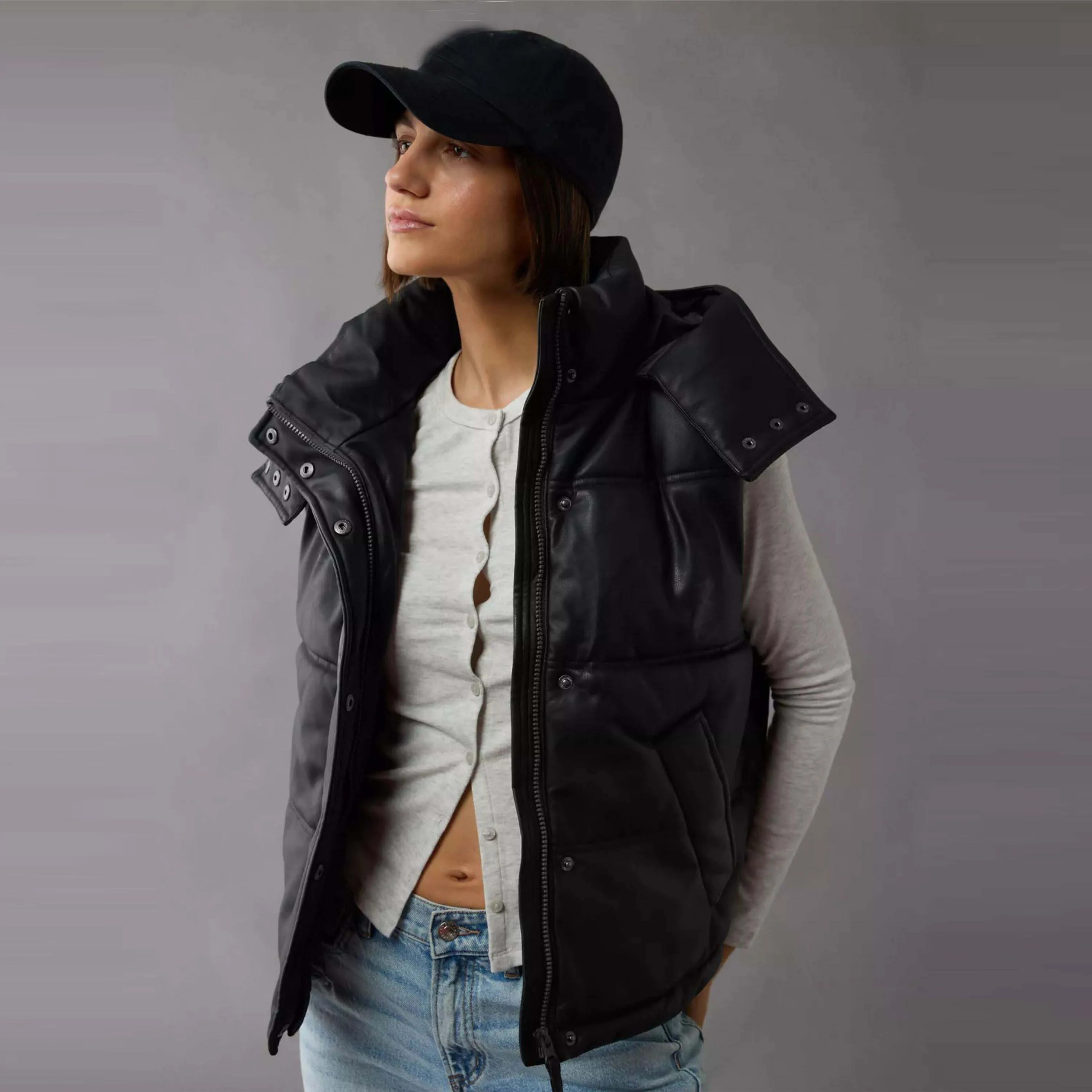 Durable and Lightweight Hooded Black Puffer Vest for Women