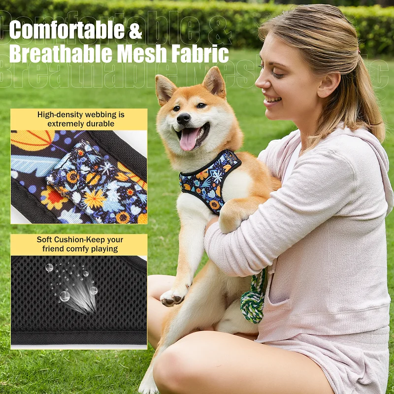 Custom Luxury Designer Sublimation Pattern Print Logo Air Mesh Soft Neoprene No Pull Adjustable Pet Vest Cat Dog Harness for Dog