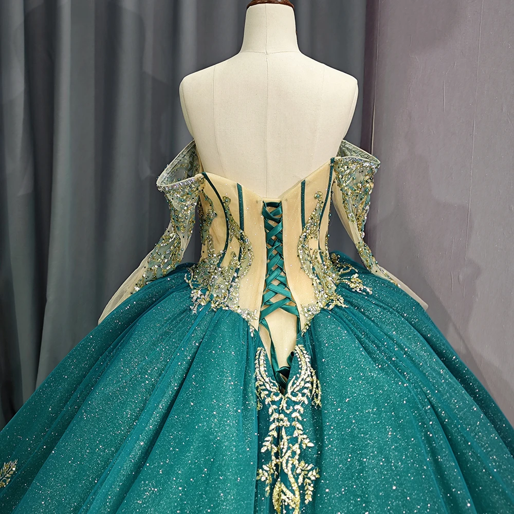 gold and turquoise quinceanera dresses Long Off Shoulder Quinceanera Mesh Ball Gown main image 0