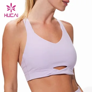 Hucai Custom Women Base Style Nylon Spandex Sports Bra Custom Yoga Bra Gym light Support Workout Cross Back Sports Bra