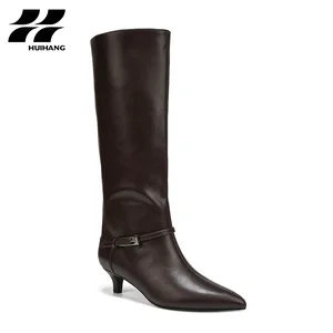 Women's Trendy Knee-High PU Leather Stiletto Boots with Buckle Strap Fall/Winter Formal Party Footwear Pointed Toe Design