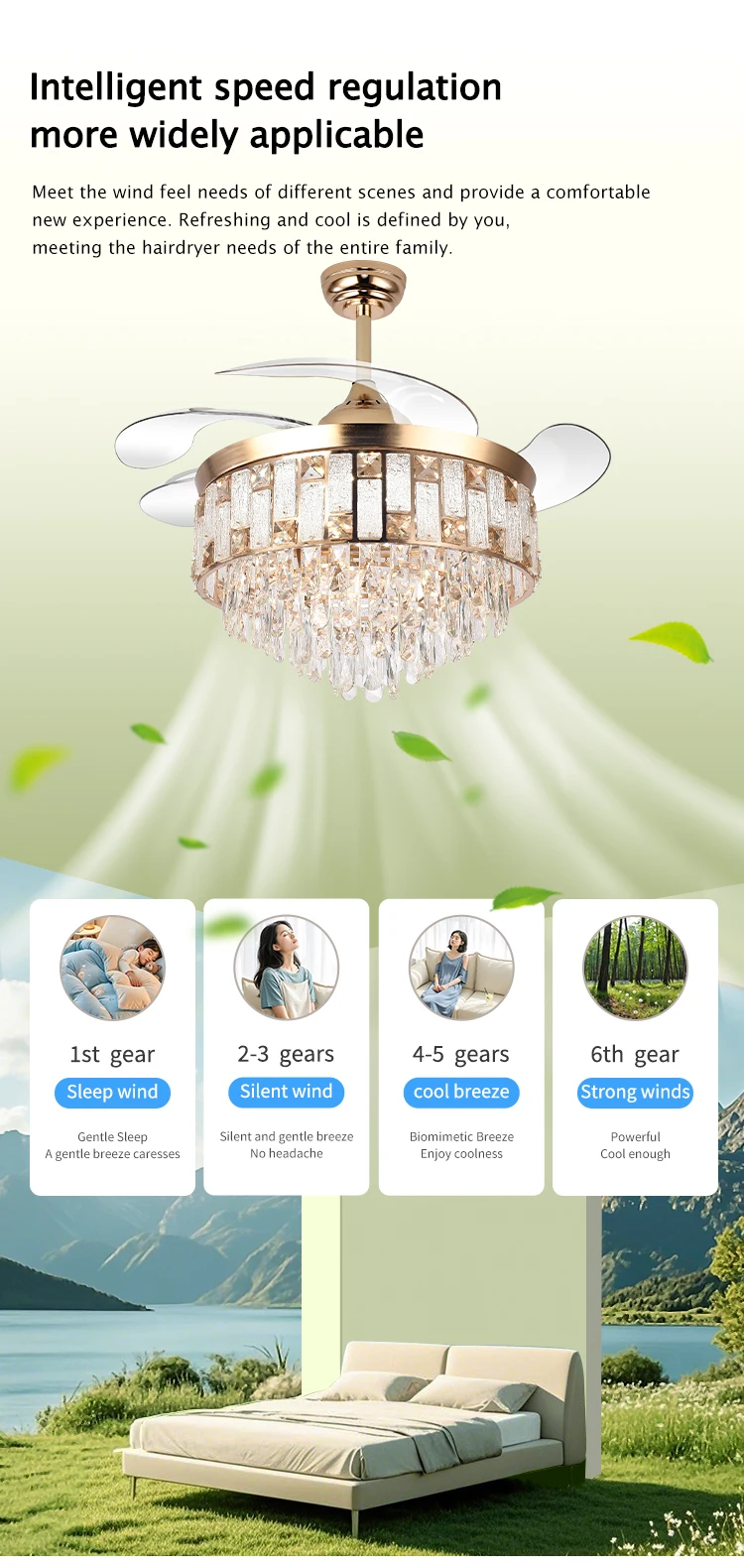 Y262 Luxury 42 Inch Ceiling Fan Light Gold Crystal Retractable Fan Light and Remote Control Invisible European LED Fan Light