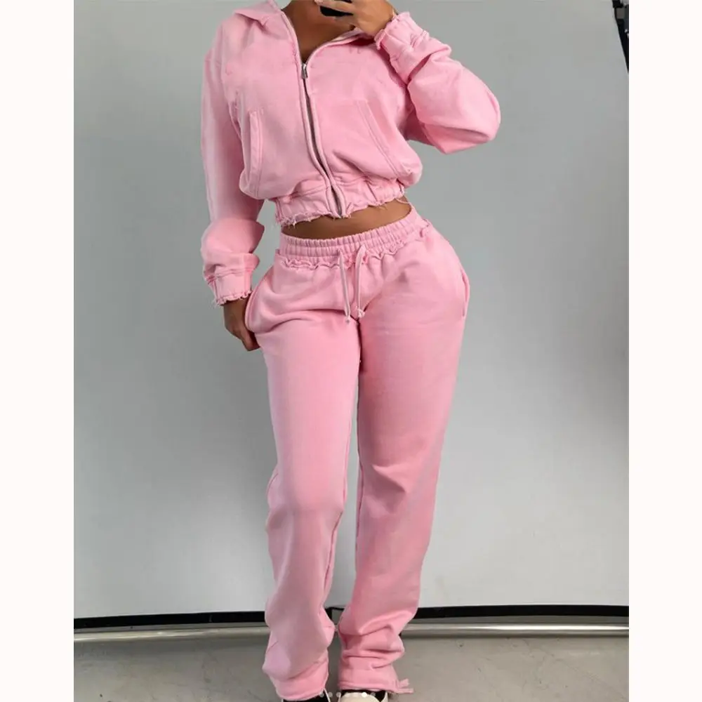 2024 Custom Pink Distressed Zip Hoodie Women's Tracksuits