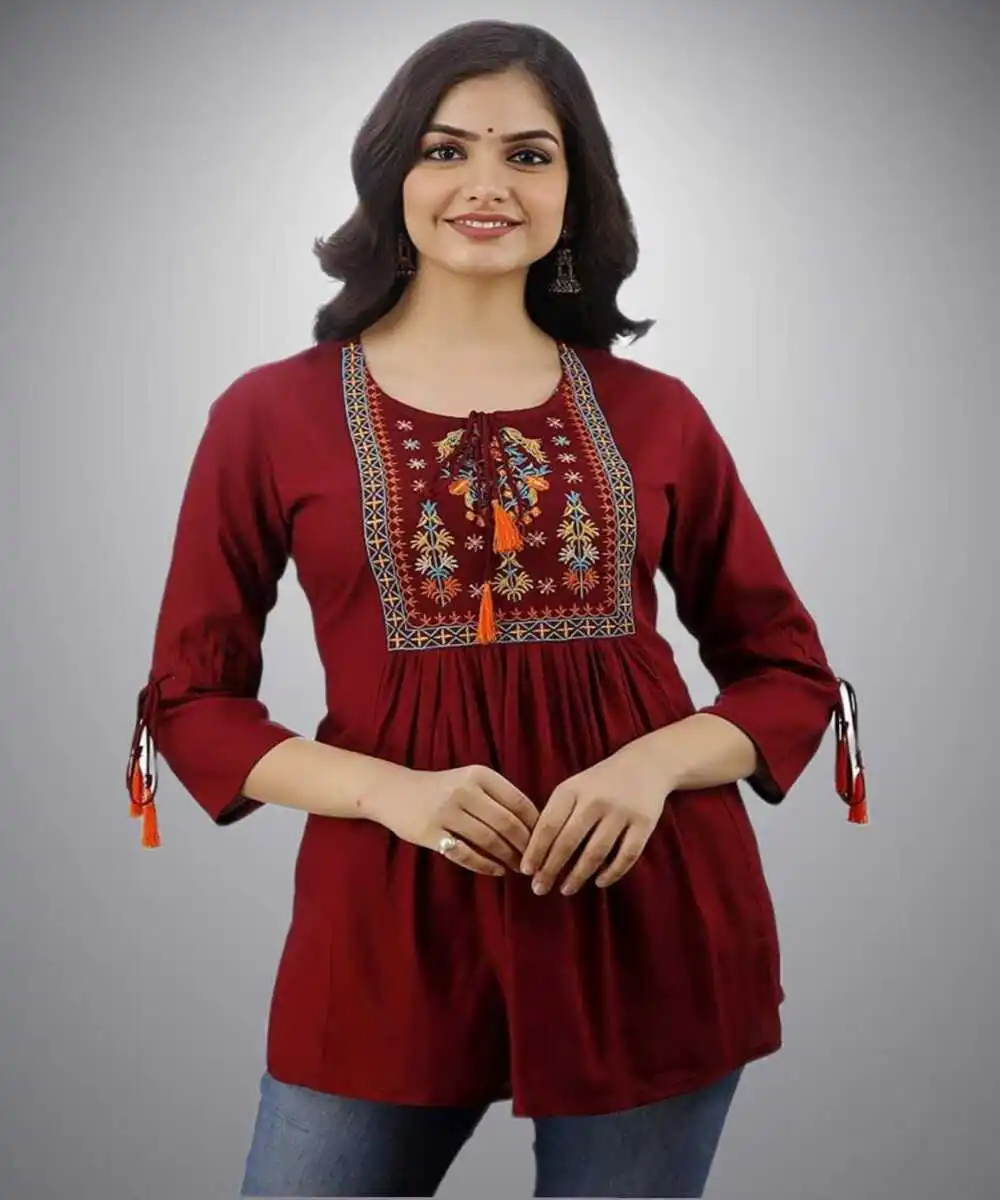 New Fancy Designer Red Color Rayon Fabric Western Top for Indian Female Casual Wear by Alphanumero Corporation Ethnic