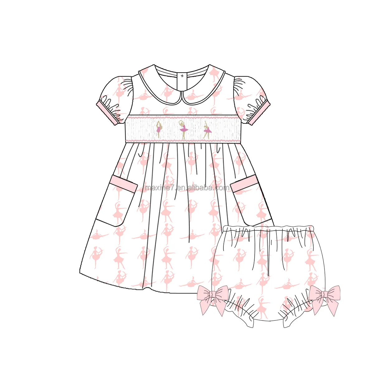 Модная детская одежда нового дизайна Smock с коротким рукавом платья Питера Пэна брюки балетная Вышивка Одежда для маленьких девочек