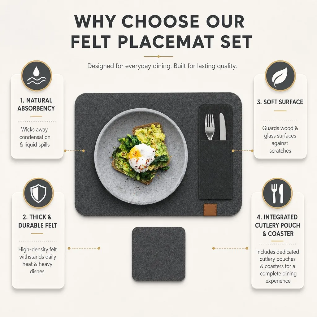 Felt placemat features: natural absorbency, thick durable felt, soft surface and integrated cutlery pouch and coaster