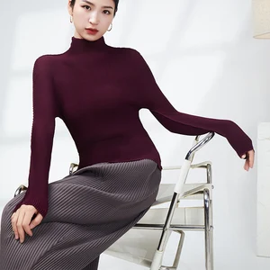 Direct From the Factory Miyake Pleated Top Stretch Long Sleeve T-shirt Solid Color Fashionable Women Tops Casual Blouse