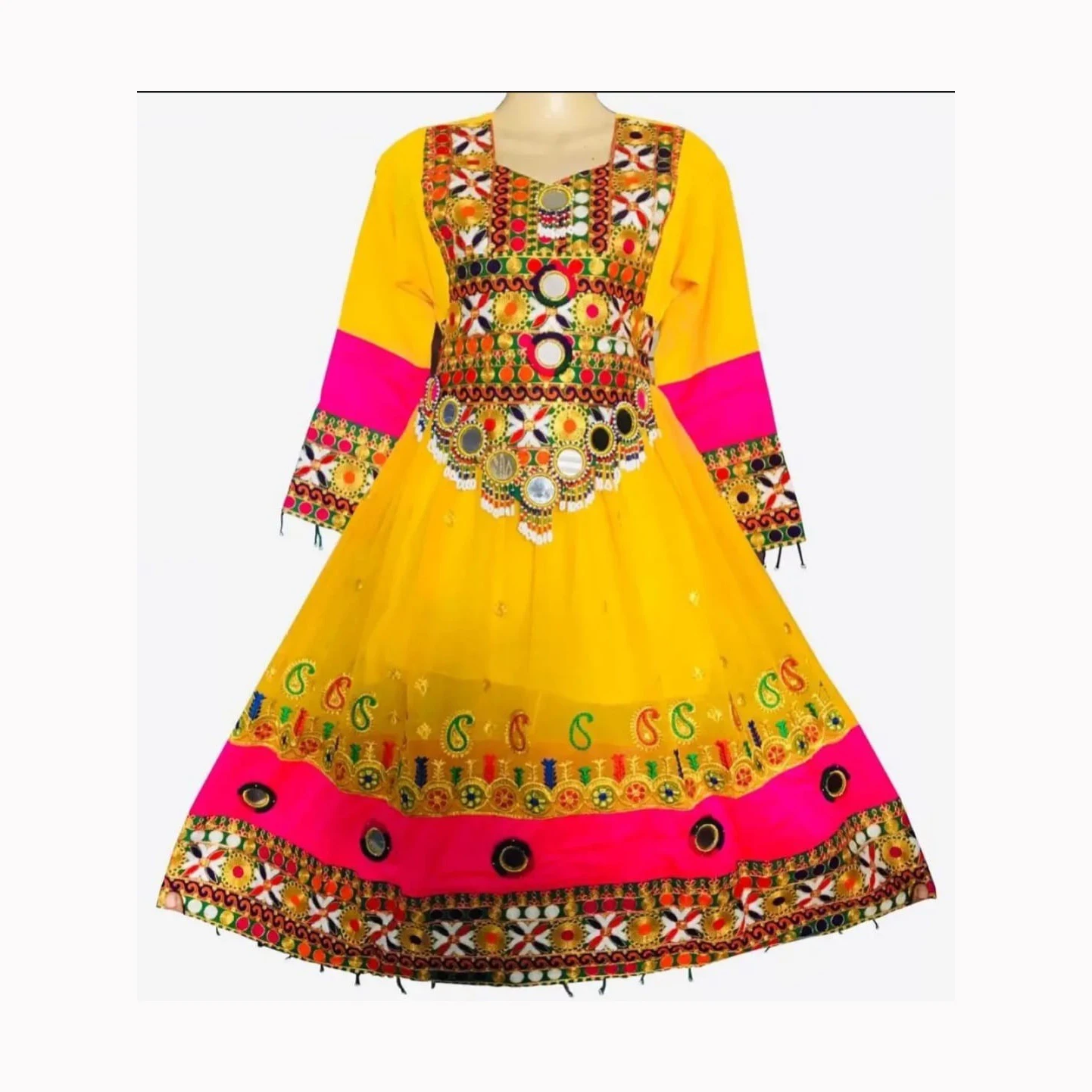 Premium Quality Genuine Leather Custom Fabric Salwar Kameez for Balochi Tribal Women Heavy Embroidered Long Frock Sleeves