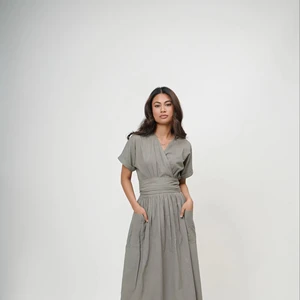 Latest Cotton Wrap Dress Tie-up Belt Dress Cotton Summer Grey V Neck Long Slit Tunic Deep Neck Midi Knot Dress Plus Size