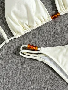 Gold Tassel Backless Bikini Set Striped Pattern 2-Piece Swimsuit Crystal Diamond Beading Ins Sexy Girls Style Made Spandex/Nylon