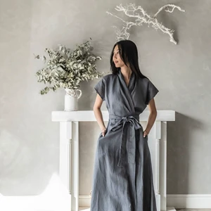 Islamic Clothing Dresses For Women Summer Vacation Plain Dye Long Kaftan Plain Soft Cotton Linen Belt Long Sleeves Maxi Kaftan