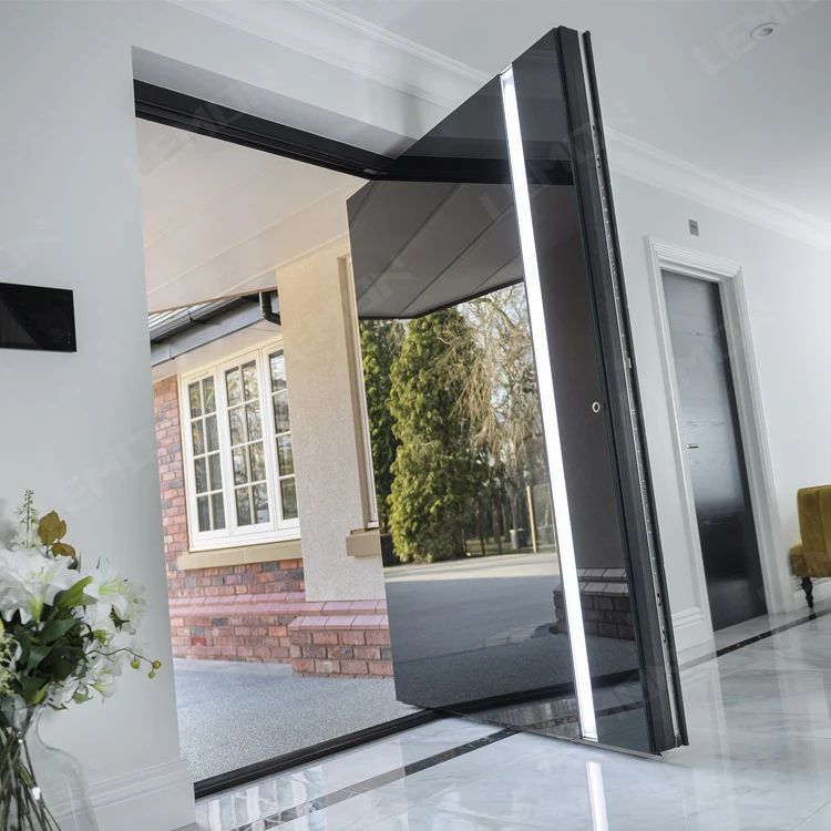 LED Light Design Modern Entry Black Main  Villa Front Stainless Steel Pivot Doors With Smart Lock