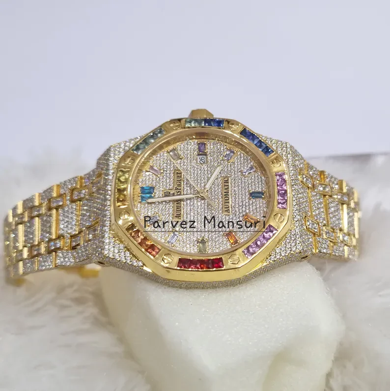 Moissanite Diamond Iced Out Watch Yellow Gold Color Stainless Steel AP Swiss ETA Automatic Movement Watch For Men & Women 222020