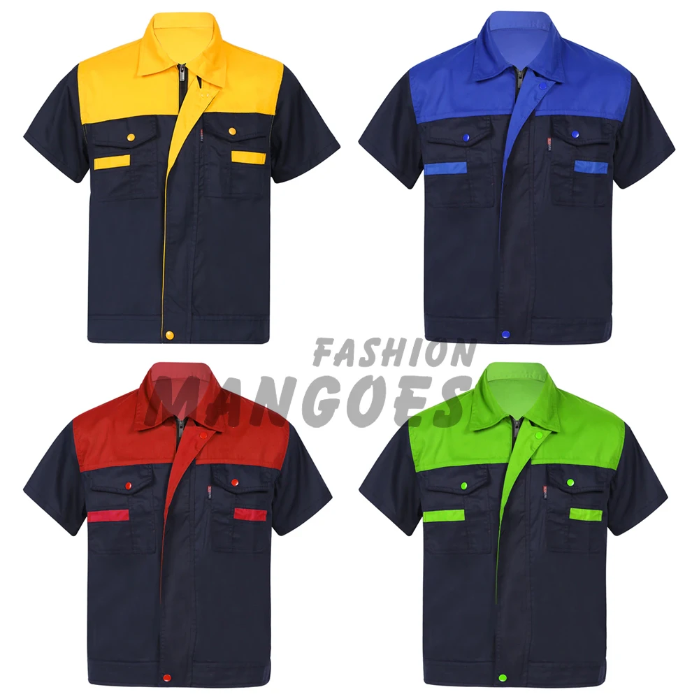 Motor Mechanic Uniform For Mens Color Block Short Sleeve Work Shirt Turndown Collar Tshirts