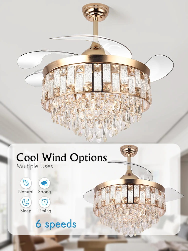 Y262 Luxury 42 Inch Ceiling Fan Light Gold Crystal Retractable Fan Light and Remote Control Invisible European LED Fan Light