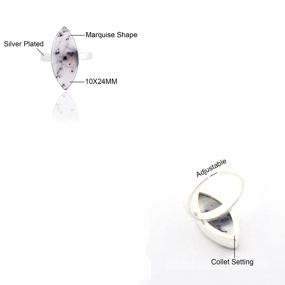 Simple Ring Natural Dendrite Opal Collet Setting Adjustable Ring Brass Silver Plated Marquise Shape Gemstone Back Open Band Ring