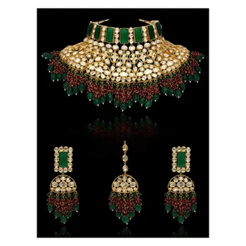 Latest Model Kundan Choker Necklace Set in Gold finish Ruby & Green color Indian Traditional Jewellery Sets