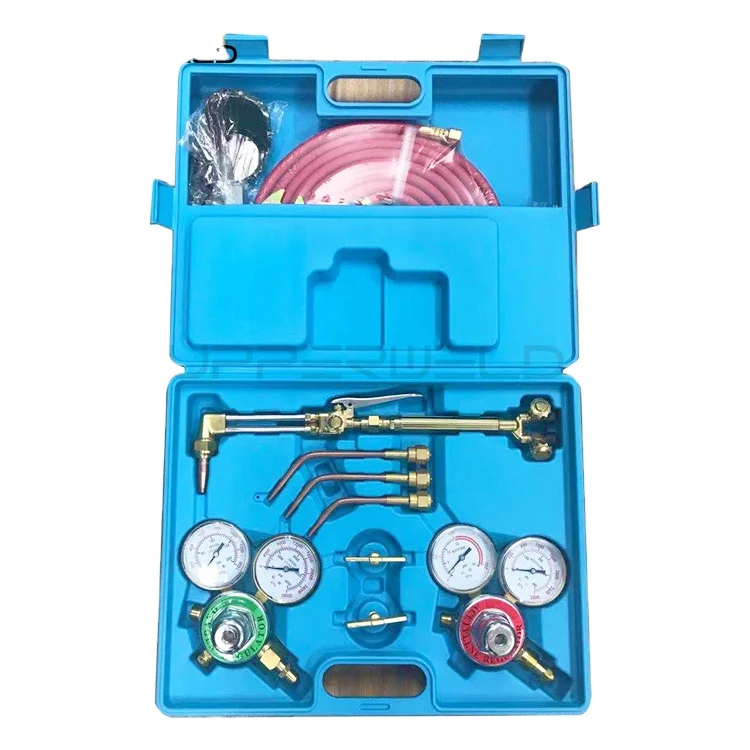 Portable Oxy Brazing Welder Tool Set with Oxygen & Acetylene Gas Cutting Torch Two Hose Pressure Regulators and Gauges