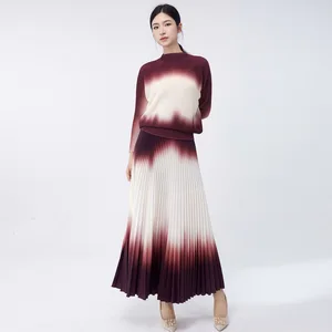 Wholesale Fashion Direct From Factory Miyake Pleated 2 Piece Set High Quality Stretchable Batwing Sleeve Top and Skirt Set