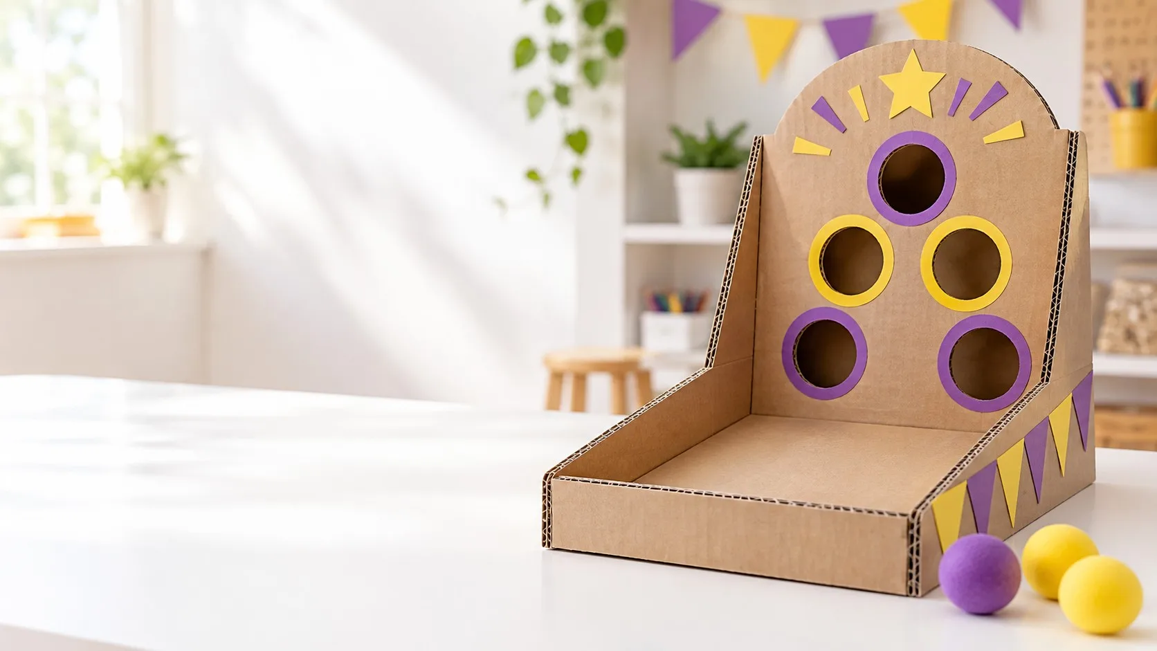 Cardboard arcade target game with holes and score zones