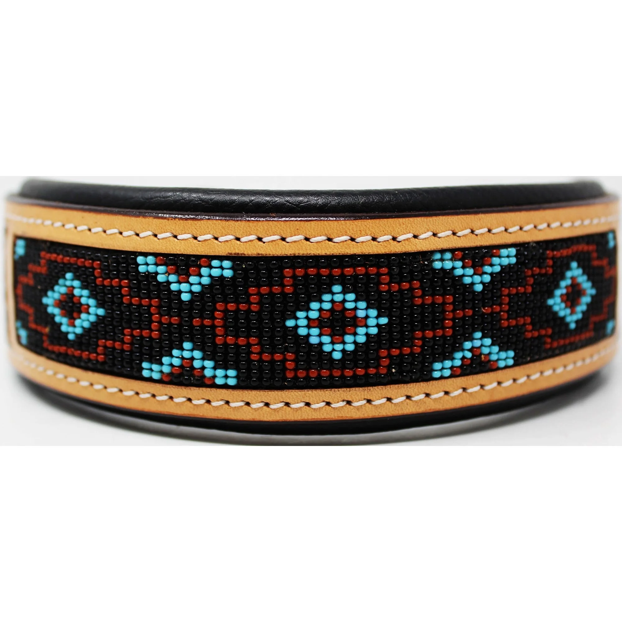 Beaded Cow Leather Western Style Dog Collar With Floral Hand Tooled