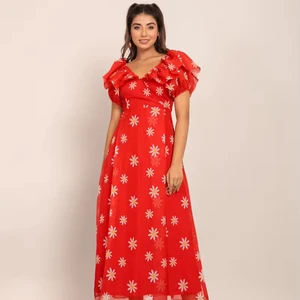 2024 Custom Women Red & White Floral Summer Midi Dress Best Quality High Finishing Product Women and Girl One Piece Midi Dress