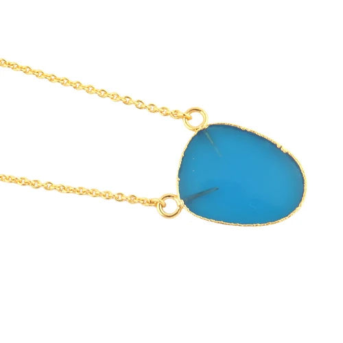 Fashion Jewelry Natural Blue Chalcedony Fancy Gold Plated Cable Chain Pendant Necklace Daily
