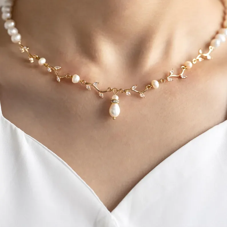 Customizable Gold Bridal Necklace with Pearls & Zircon