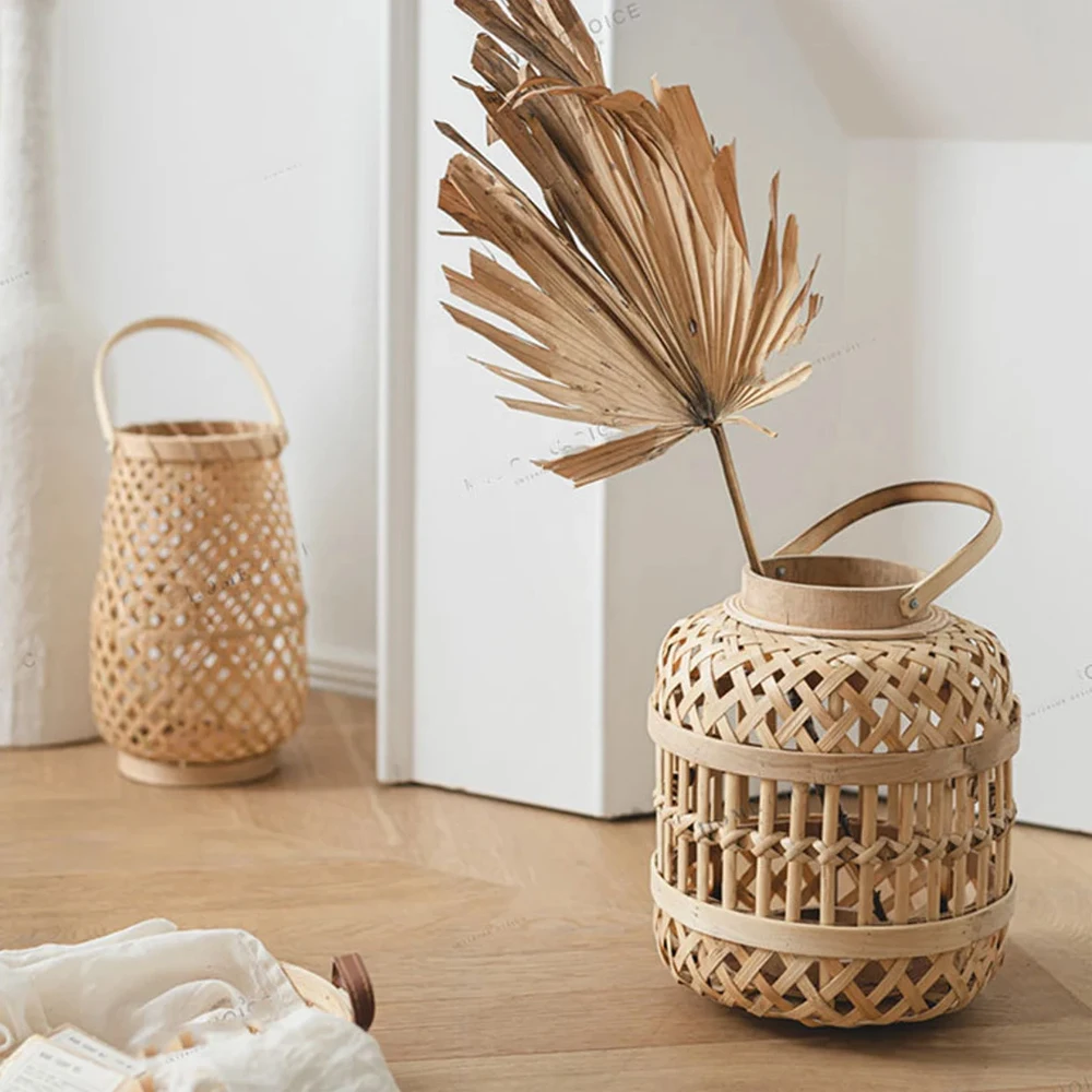 Woven Bamboo Lantern Candle Holder For Decorate Home Retro Style