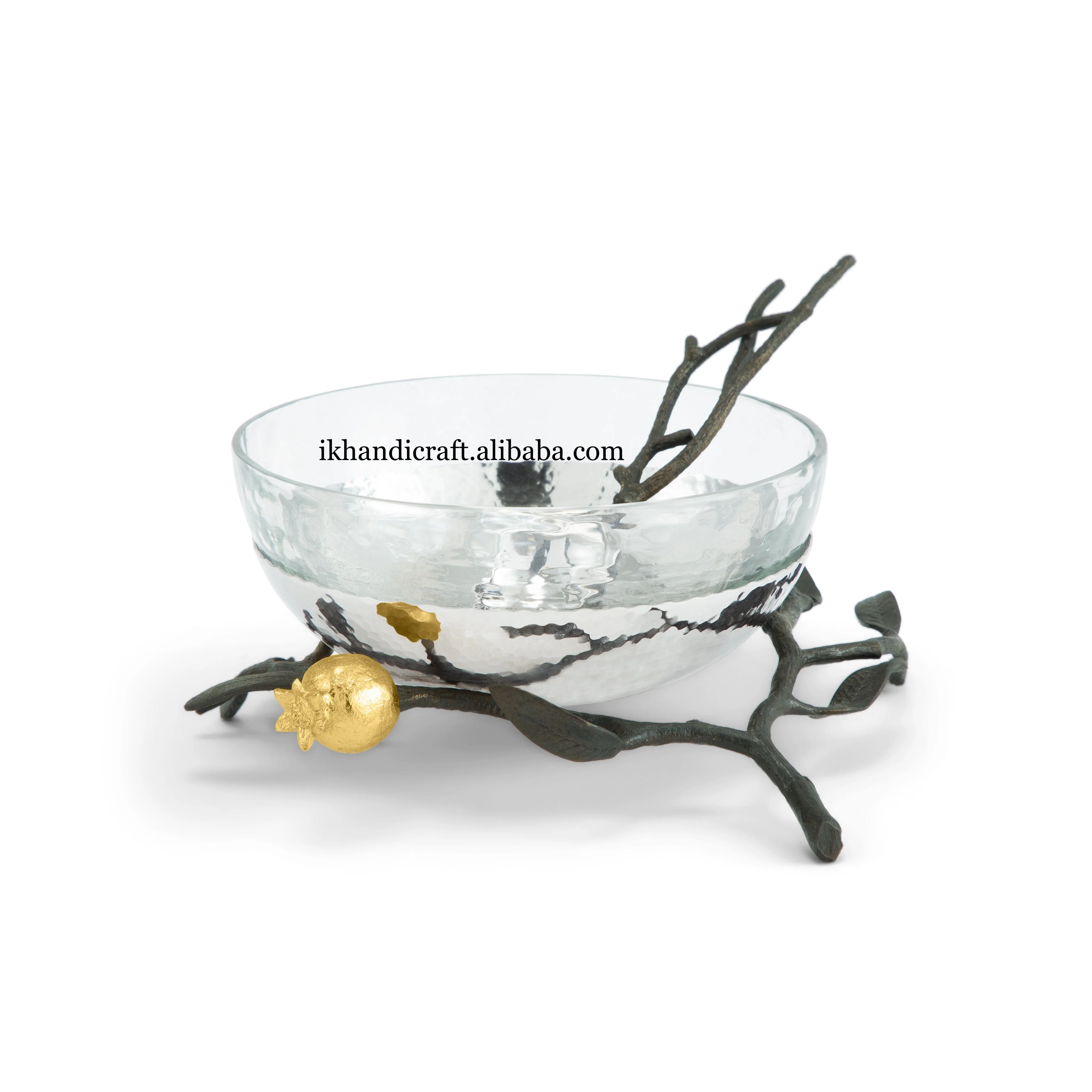 High Demand Luxurious Designer Handmade Pomegranate Glass Metal Bowl with Nickel Plating Matching Steel Spoon Customised Texture